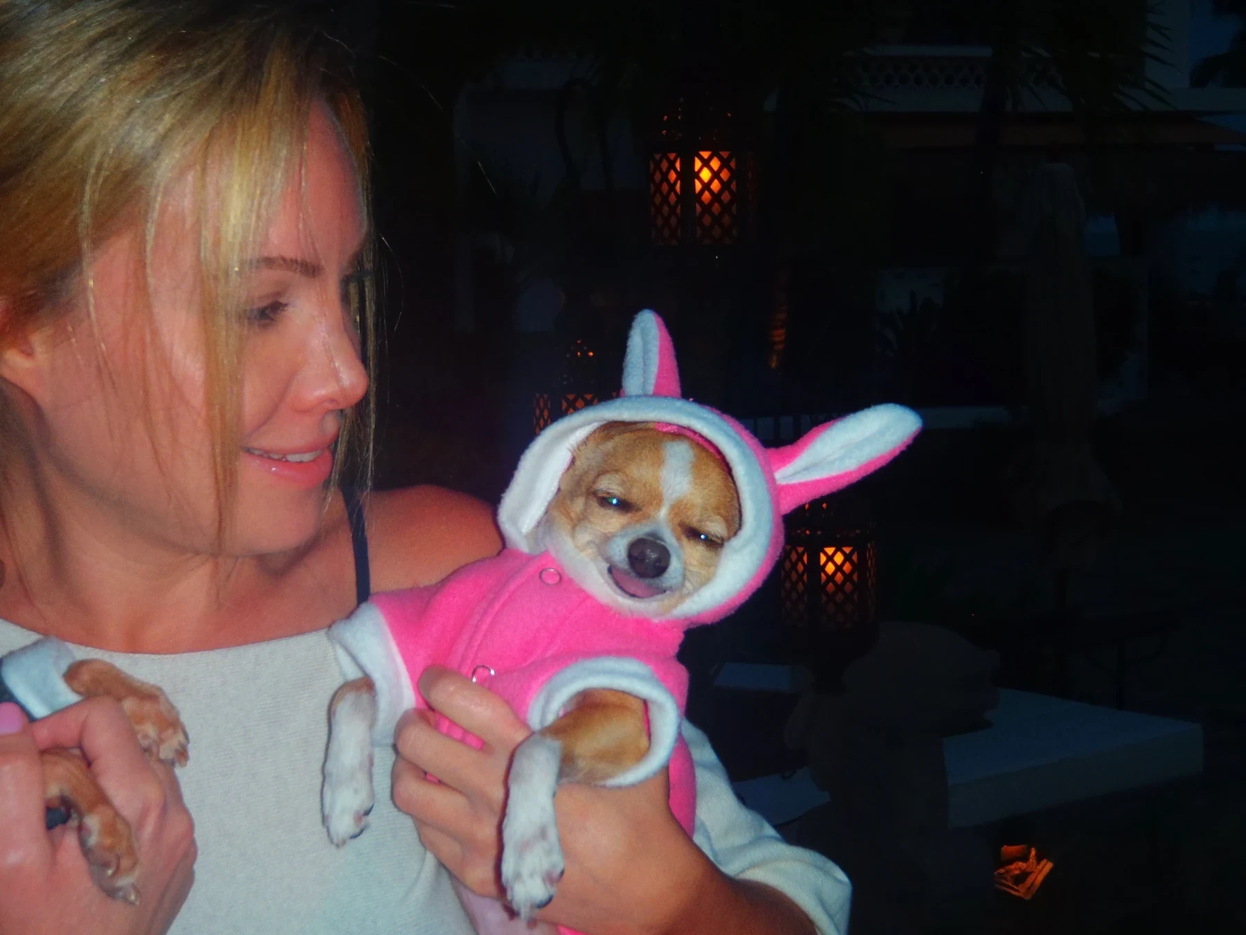 Cassandra Mann holding a rescued chihuahua dressed in a pink bunny costume.