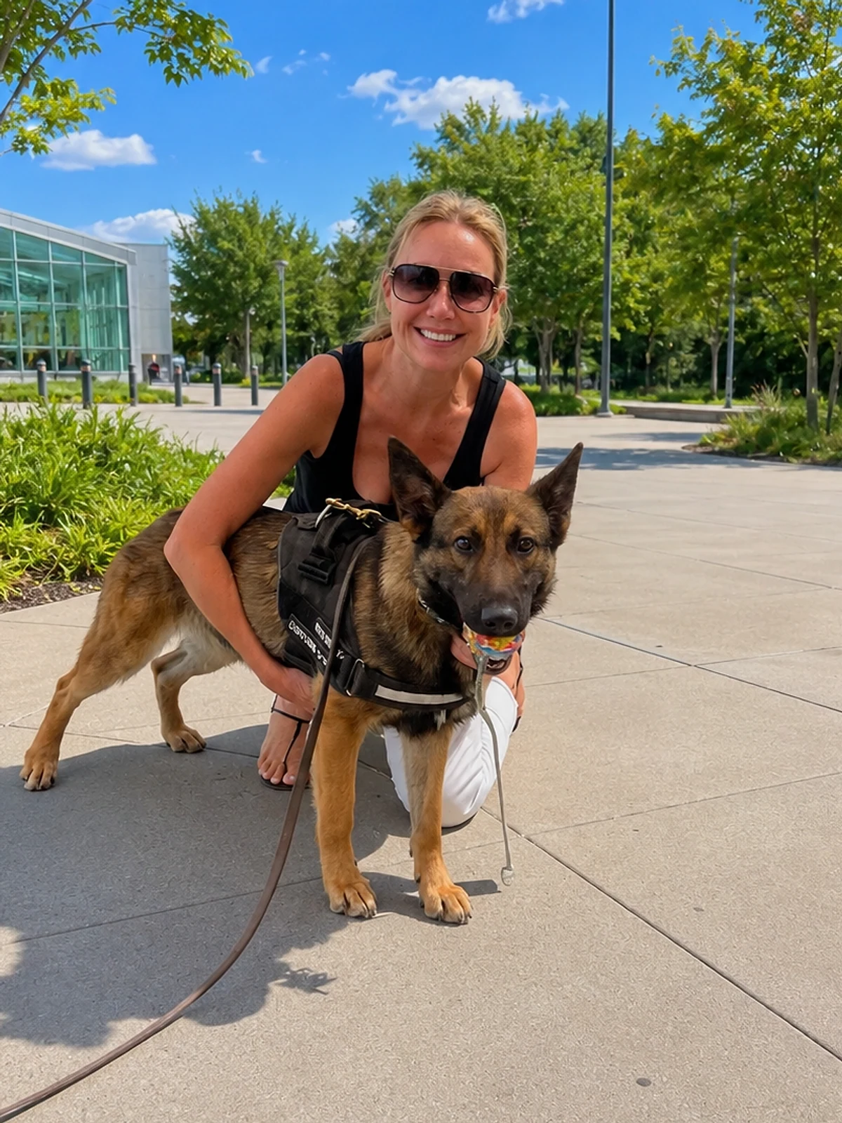 Cassandra Mann kneeling beside a shepherd dog in a sunny park.